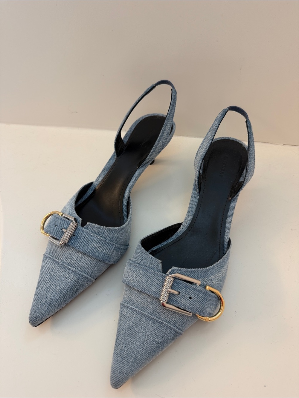 Givenchy Voyou Buckle Denim Pointed Slingback Heels